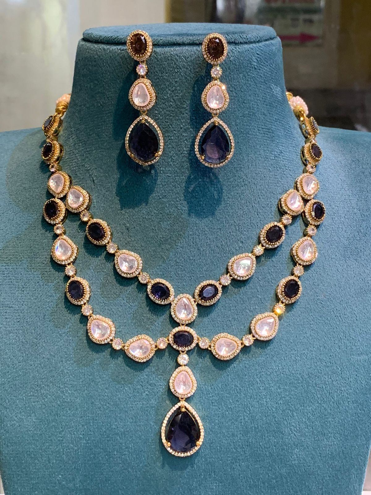 Exquisite Victorian finish Moissanite Stone Layered Necklace with Earrings