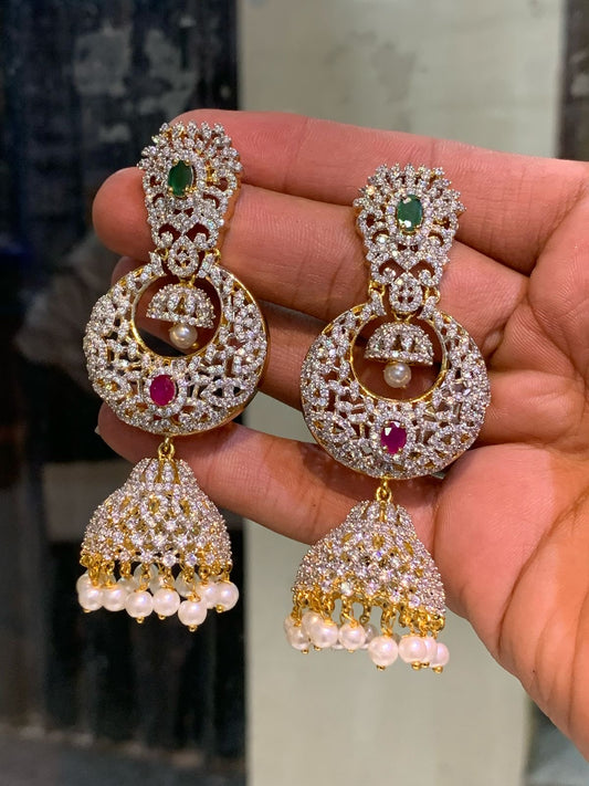 Super-cute Classy Cz stone Premium GJ polish Chandbali Jhumkas