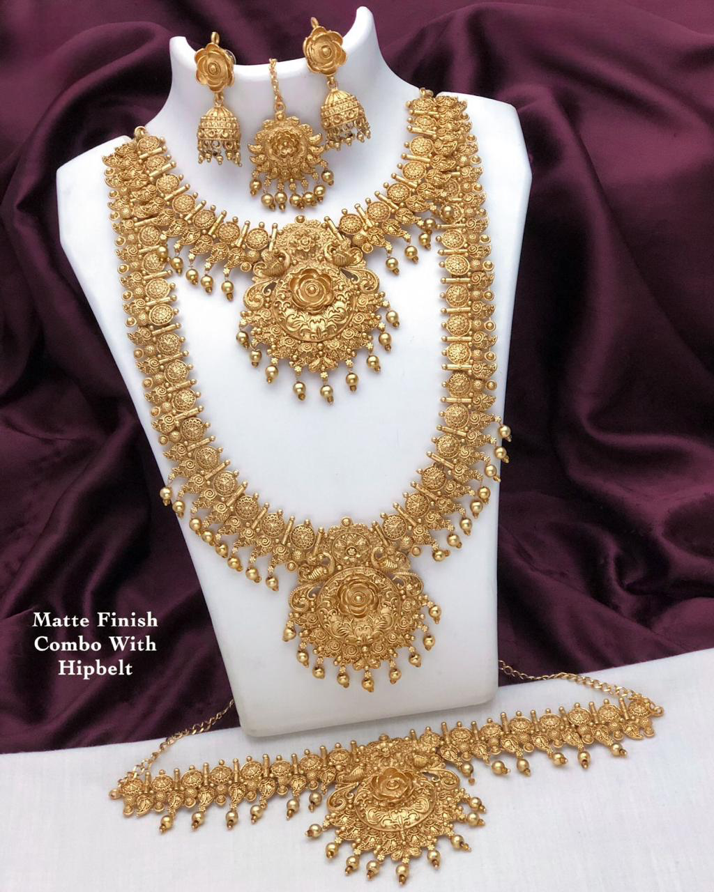 Temple Jewelry -Matte Finish Lakshmi Necklace Bridal Set with Earrings, Hipbelt and Tikka