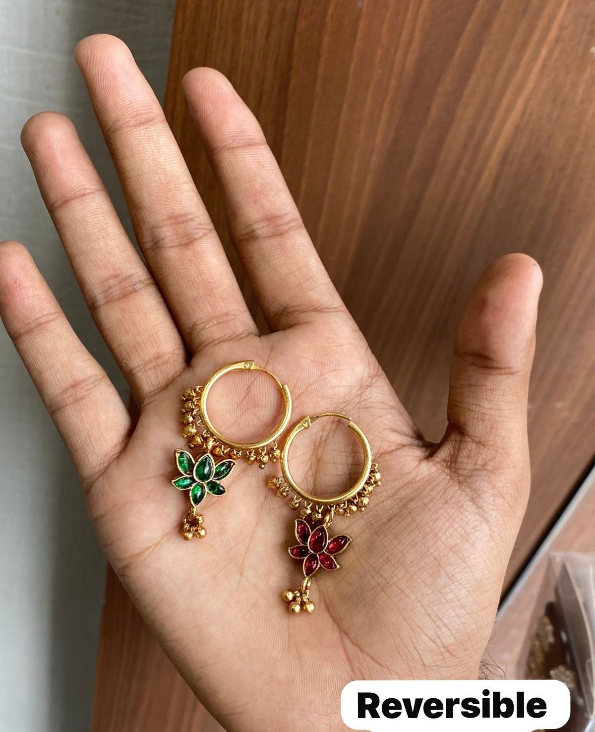 Cute Kundan Reversible 2in1 Ring Earrings - Matte Finish - Lotus Motif
