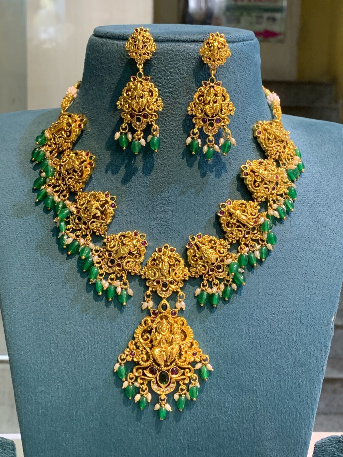 New Dhasavatar Temple Jewelry -Premium Antique Necklace Set with Earrings- Green or White Beads