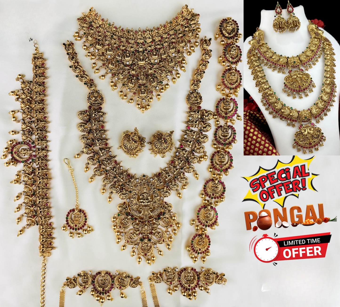 Bestseller Matte Finish Temple Jewelry Full Bridal Set Haram Necklace Set with Earrings -Pongal Offer