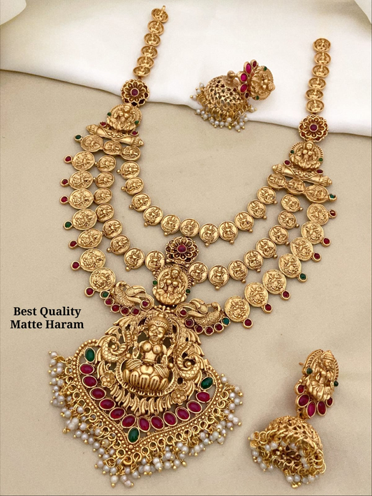 Exquisite 3 Layer Lakshmi Coin Haram Long Necklace Set with Jhumkas -Temple Jewelry