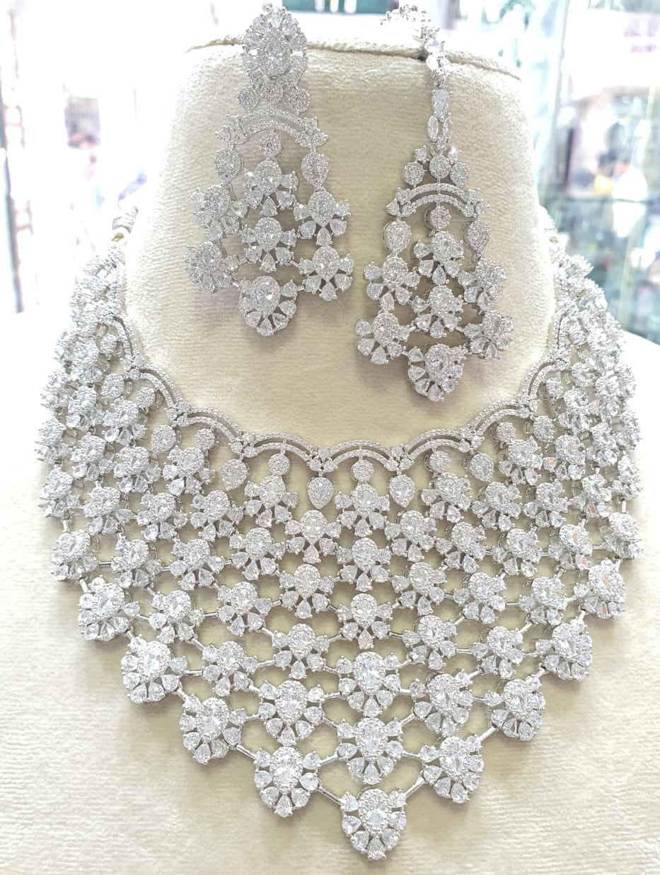 Elegant Premium Cz Bridal Necklace Set with Earrings and Tikka