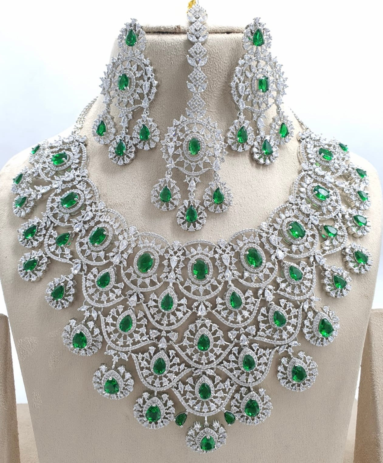 Elegant Cz Stone Bridal Necklace with Earrings, and Tikka -Premium Dual Tone