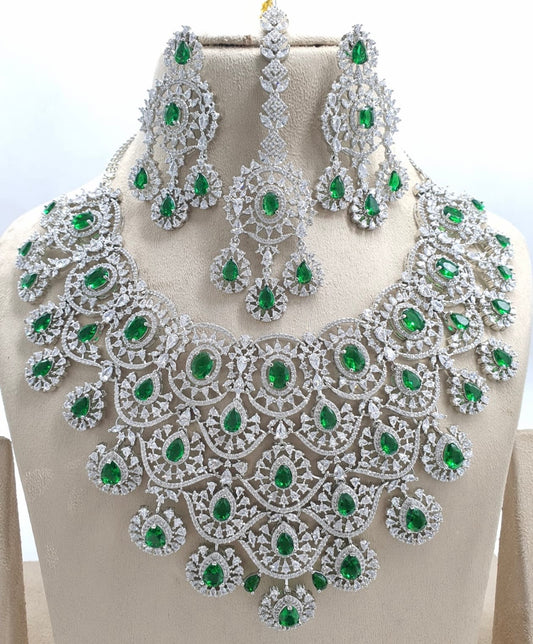 Elegant Cz Stone Bridal Necklace with Earrings, and Tikka -Premium Dual Tone