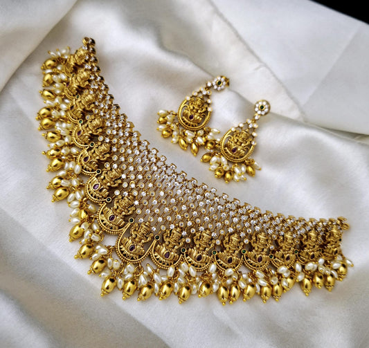 Premium Quality Partywear Bridal Lakshmi choker Necklace set- Temple jewelry