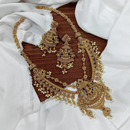 Premium Antique Matte Finish Layered Lakshmi Haram Long Necklace Earrings