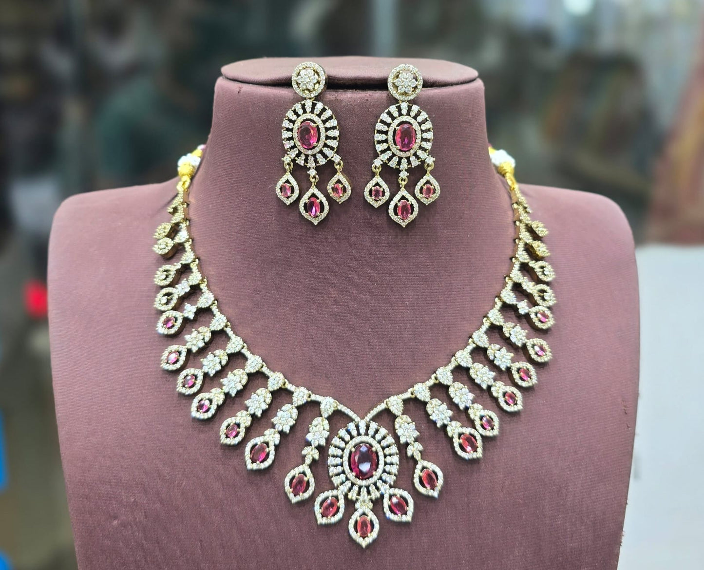 Elegant Victorian finish Cz Stone Choker Necklace with Earrings -1 Set