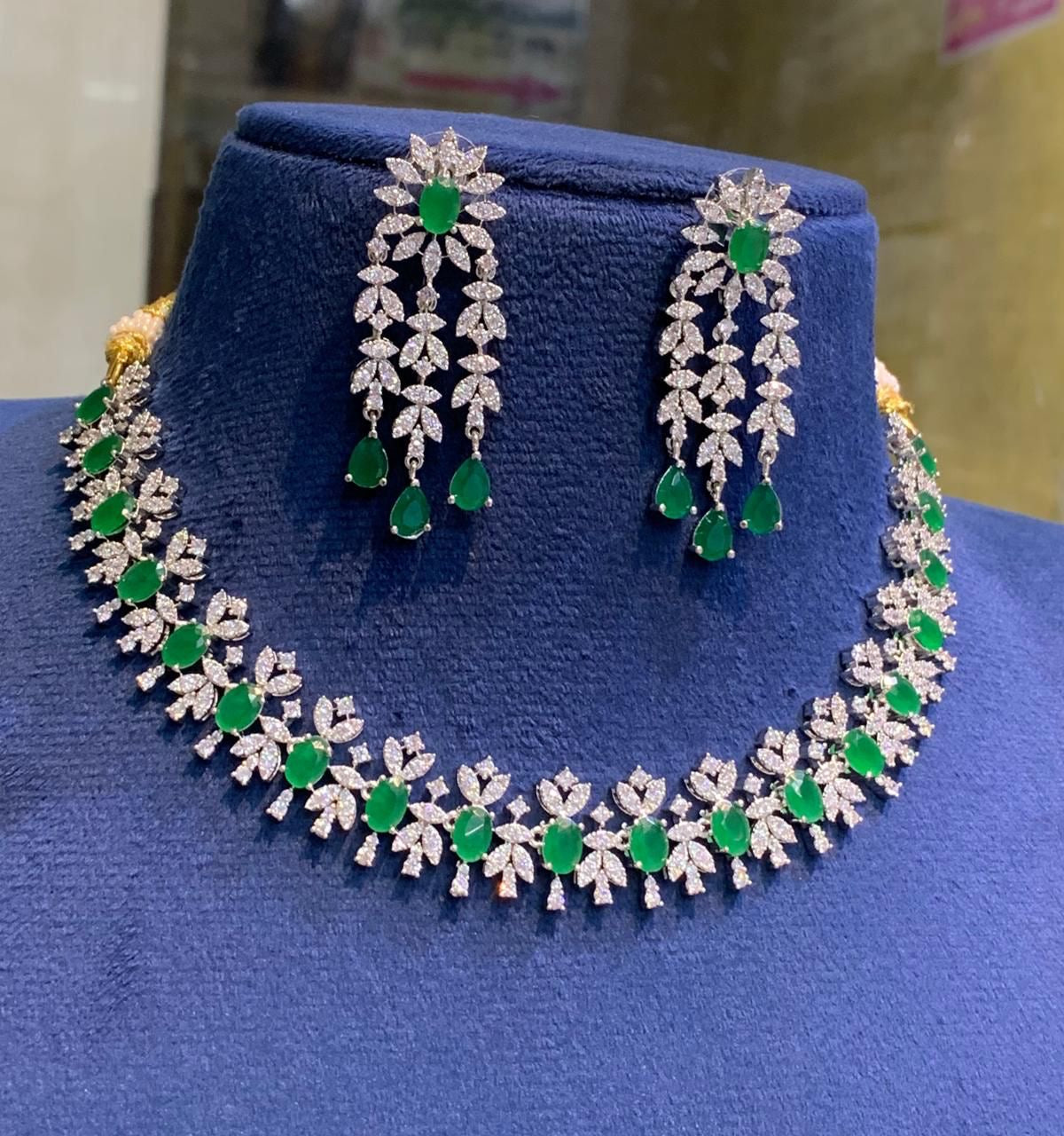 Beautiful American Diamond Necklace Set with Earrings-Green, Silver polish