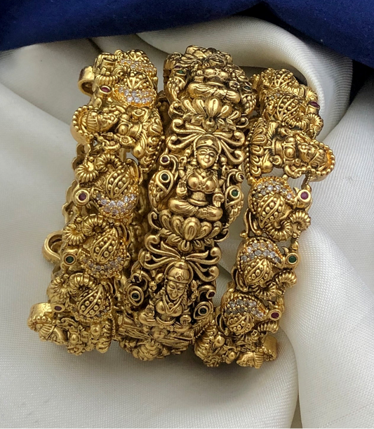 DesignerWear Antique Matte Finish Bridal Lakshmi Bangles set of 3, Party Wear- Temple Jewelry