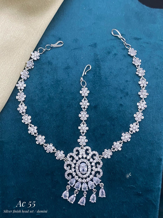 Elegant Bridal Silver Finish AD Stone Mathpati Tikkas