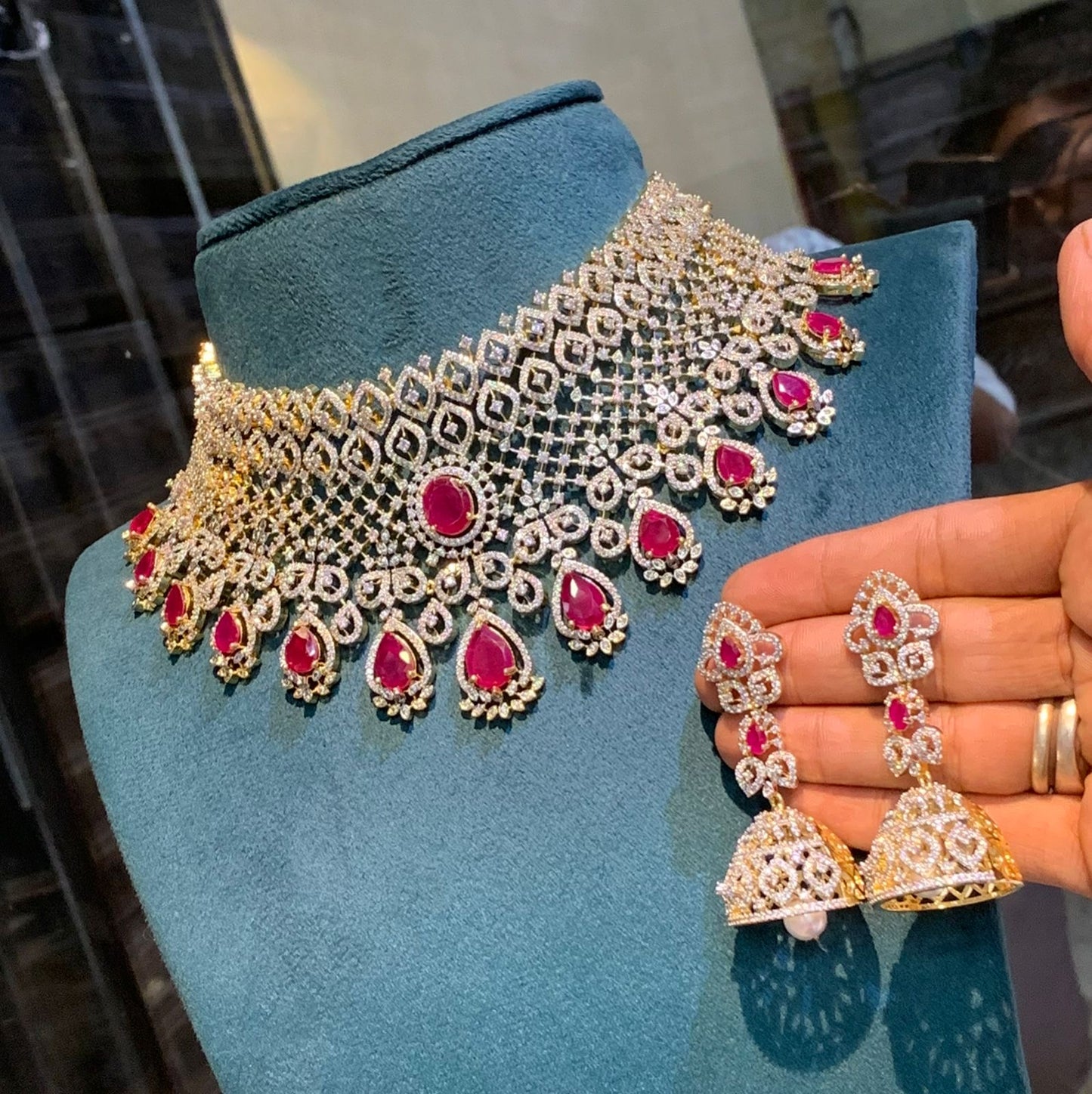 Trendy And Stylish GJ Polish CZ Stone Bridal Choker Necklace Set With Jhumkas Earrings