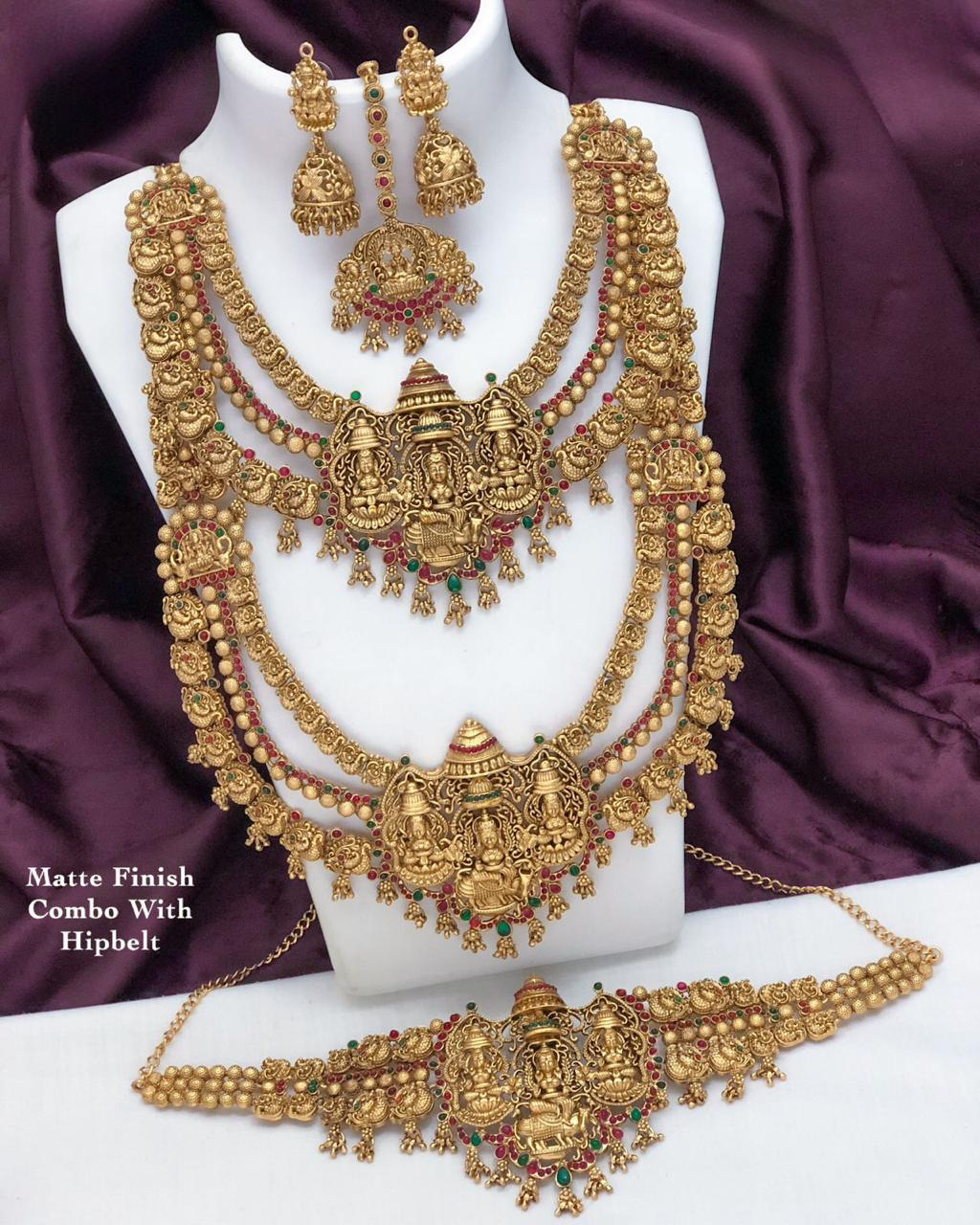 Temple Jewelry Haram Necklace Set with Jhumkas, Hipbelt and Tikka -Nagas Design