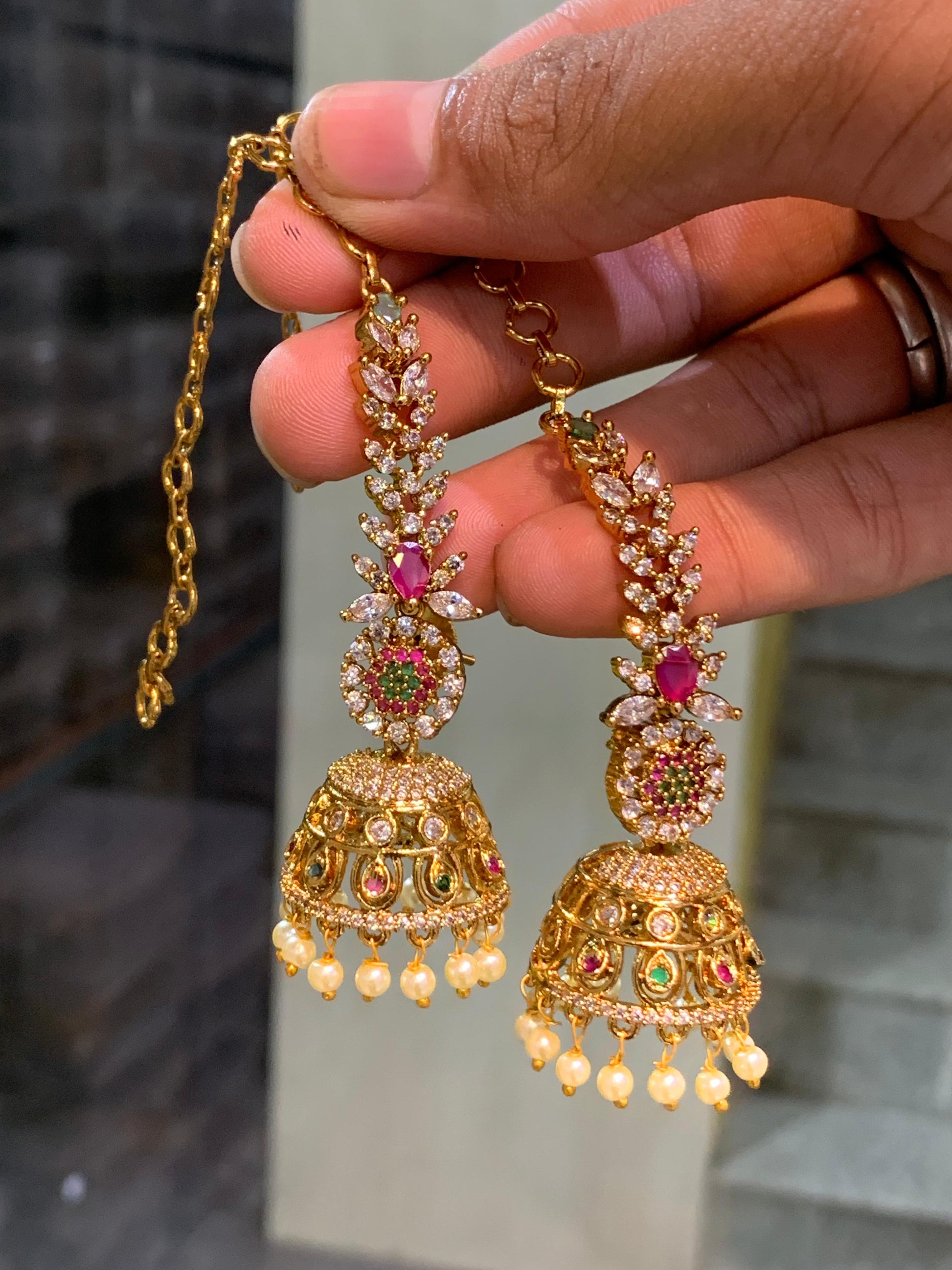 All New Jhumka Earrings with Ear chains- Maatal Earrings - Premium Stone Chempaswaralu