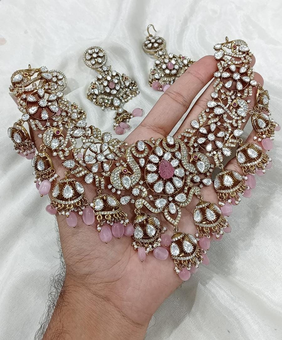 Bridal Victorian Opulence: Elegant Real Diamond like Moissanite Stone Choker Necklace with Earrings and Tikka