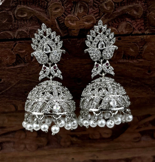 Stunning Silver finish American Diamond Stone Jhumkas - Earrings