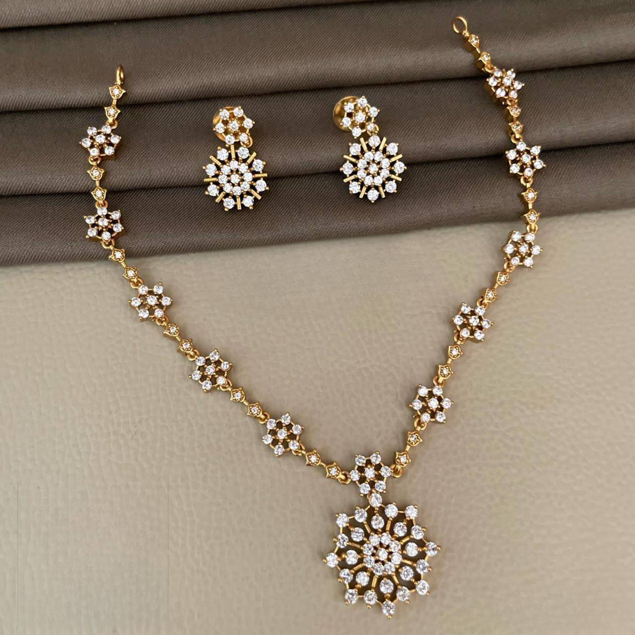 Diamond Replica Premium AD Stone Flower Necklace Set with Earrings