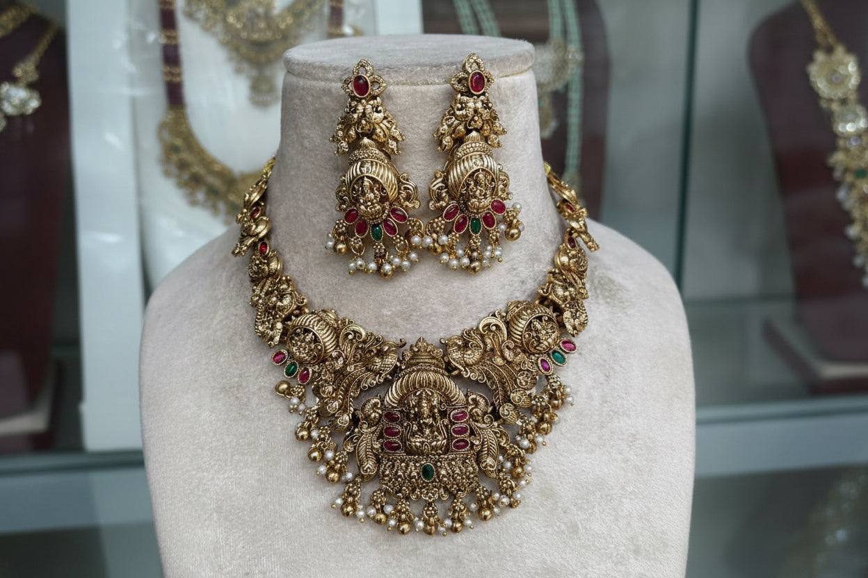 Traditional Design Bridal Temple Jewelry Matte Choker Necklace Set With Earrings - Gold or Green Beads