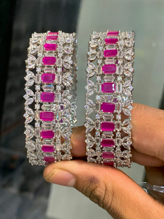 Elegant Silver Stone Bangles -Pink -set of 2