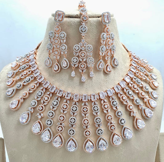 Unique CZ Stone Silver Finish Necklace With Earrings - Premium Quality
