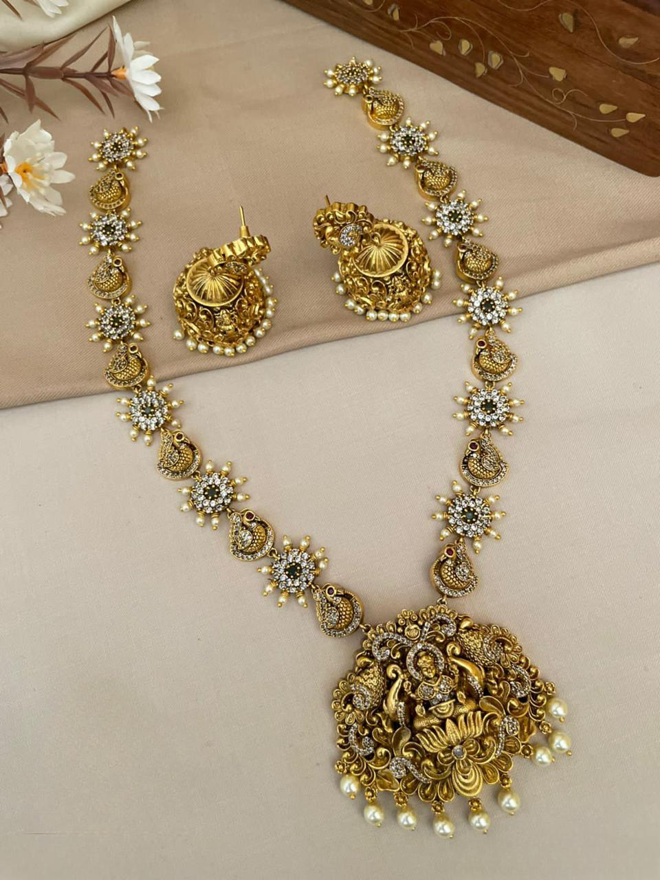 Beautiful Antique Matte Finish Temple Jewelry -Lakshmi Long Necklace Jhumka Earrings set