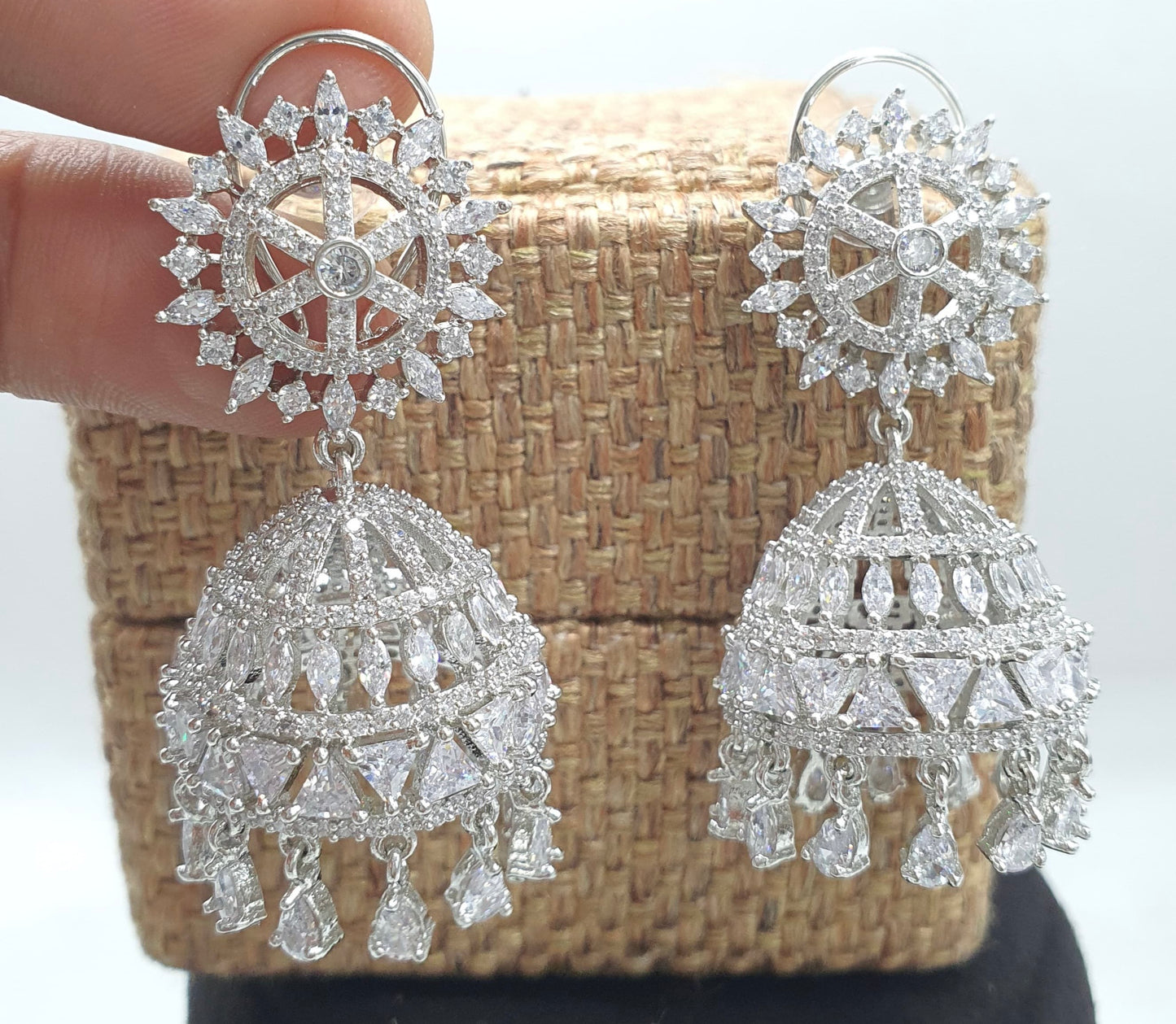 Premium Silver Polish CZ Stone Jhumkas Earrings