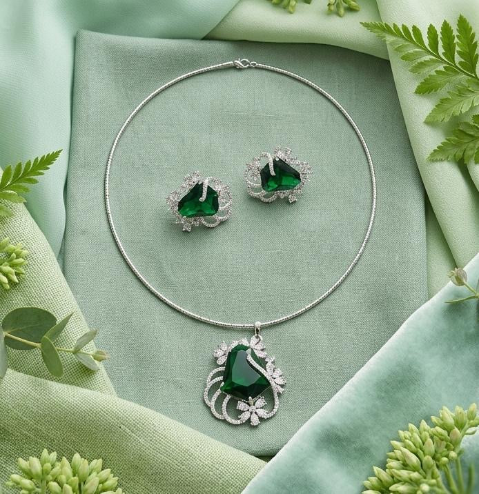 Premium Quality Silver Finish AD Pendant Necklace Set With Earrings