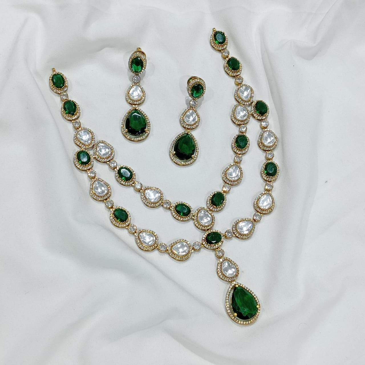 Exquisite Victorian finish Moissanite Stone Layered Necklace with Earrings