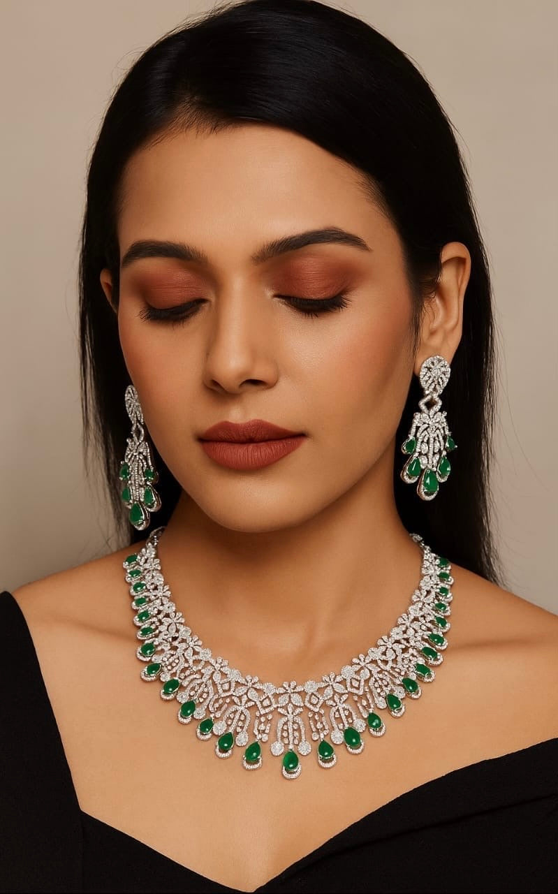 Amazing Two Layered CZ Stone Premium Silver Finish Necklace Set With Earrings - Mint, Blue, Pink, Green, DarkPink