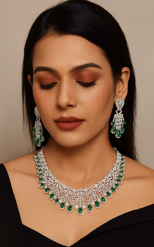 Amazing Two Layered CZ Stone Premium Silver Finish Necklace Set With Earrings - Mint, Blue, Pink, Green, DarkPink