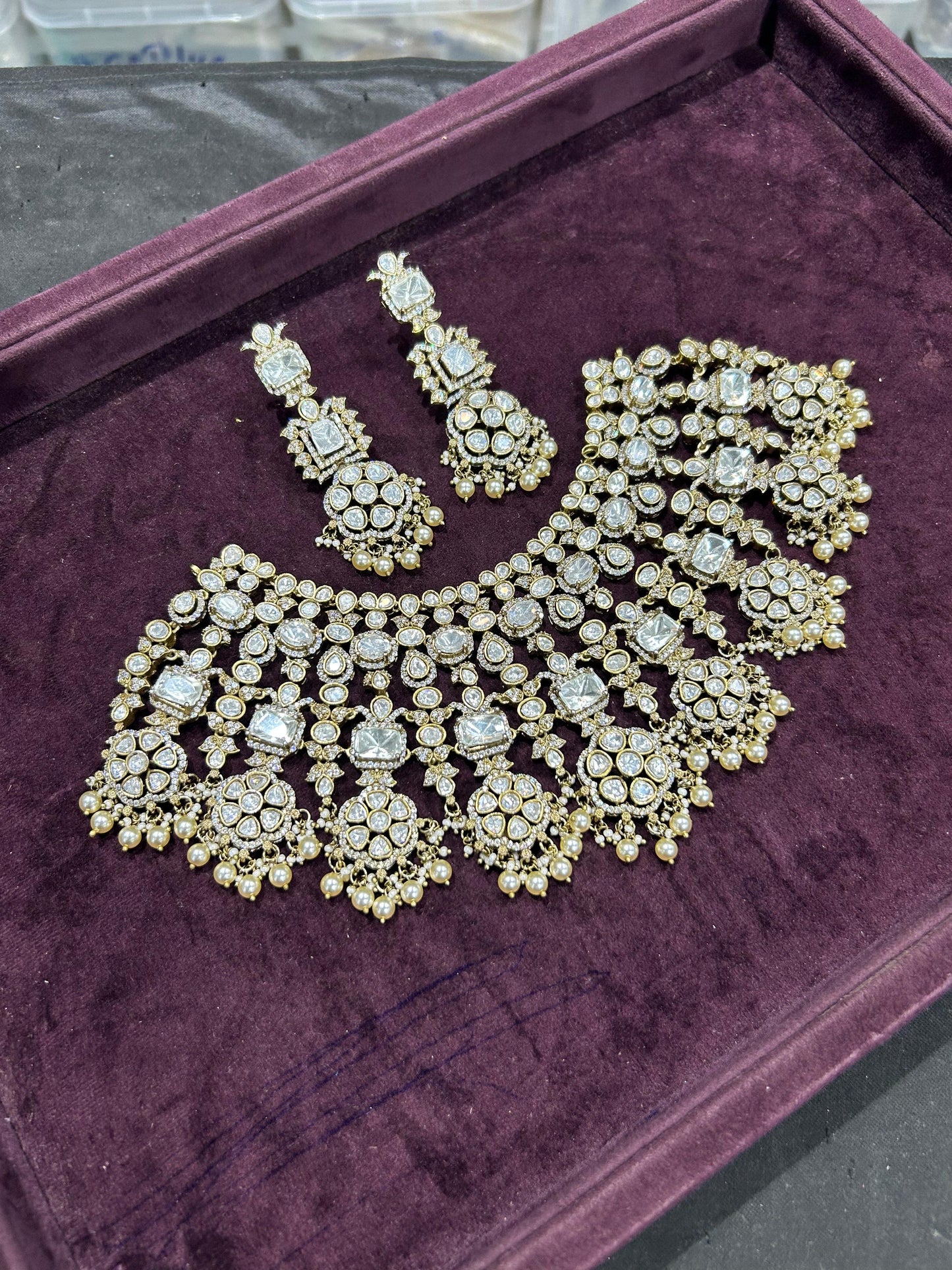 Exquisite Victorian Finish Moissanite Bridal Choker Necklace With Earrings- White, Pink, Green, Red