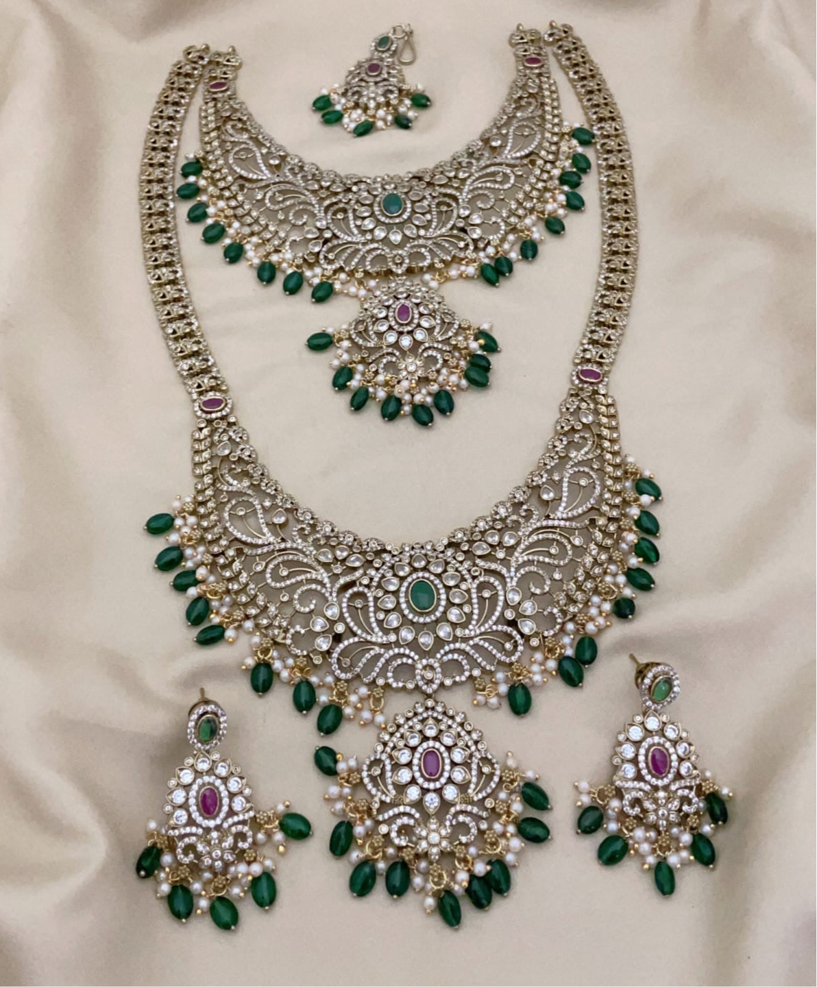 Elegant Premium CZ Stone Bridal Set With Earrings And Tikka