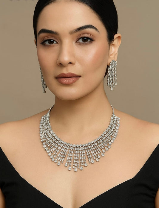 Stylish and Trendy Premium Cz Stone Choker Necklace Set -Silver Finish