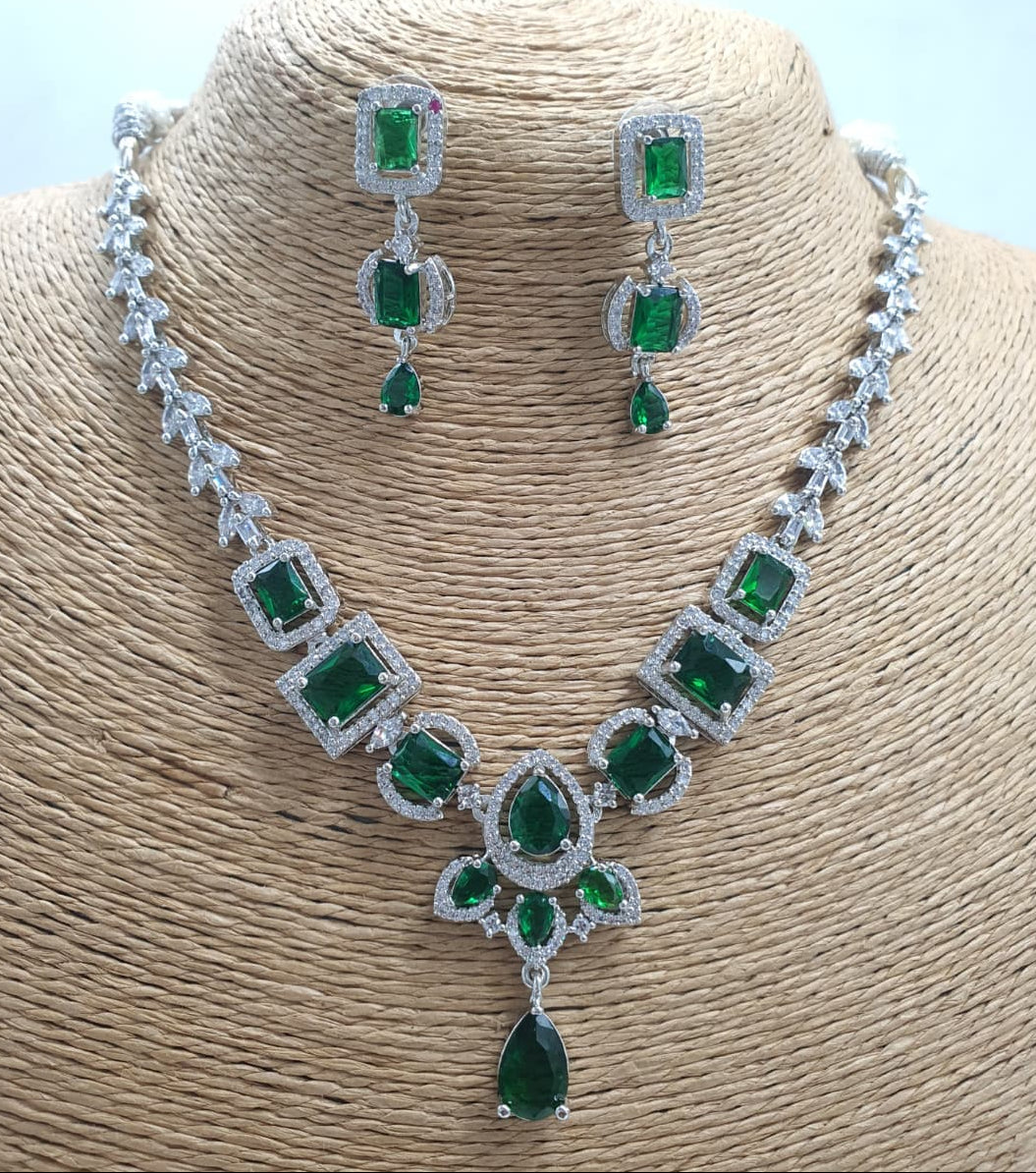 Amazing CZ Stone Premium SIlver Finish Necklace Set With Earrings 