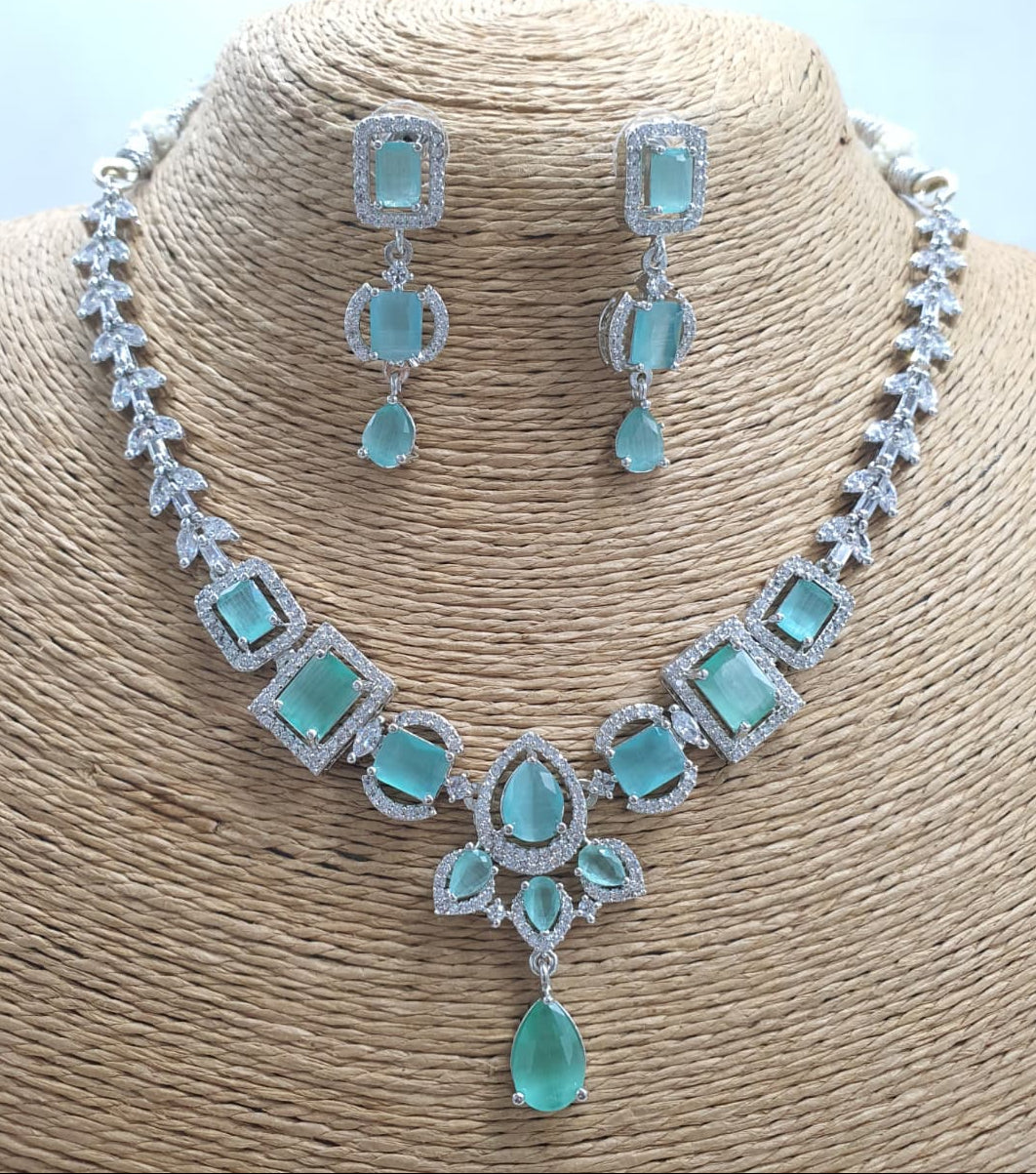 Amazing CZ Stone Premium SIlver Finish Necklace Set With Earrings