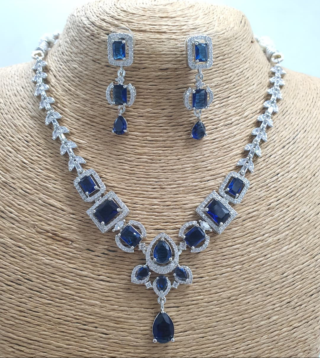 Amazing CZ Stone Premium SIlver Finish Necklace Set With Earrings 