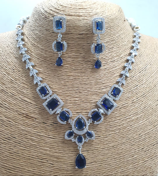 Amazing CZ Stone Premium SIlver Finish Necklace Set With Earrings 