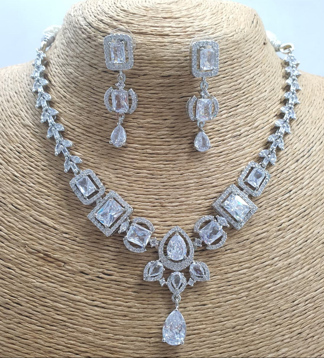Amazing CZ Stone Premium SIlver Finish Necklace Set With Earrings 