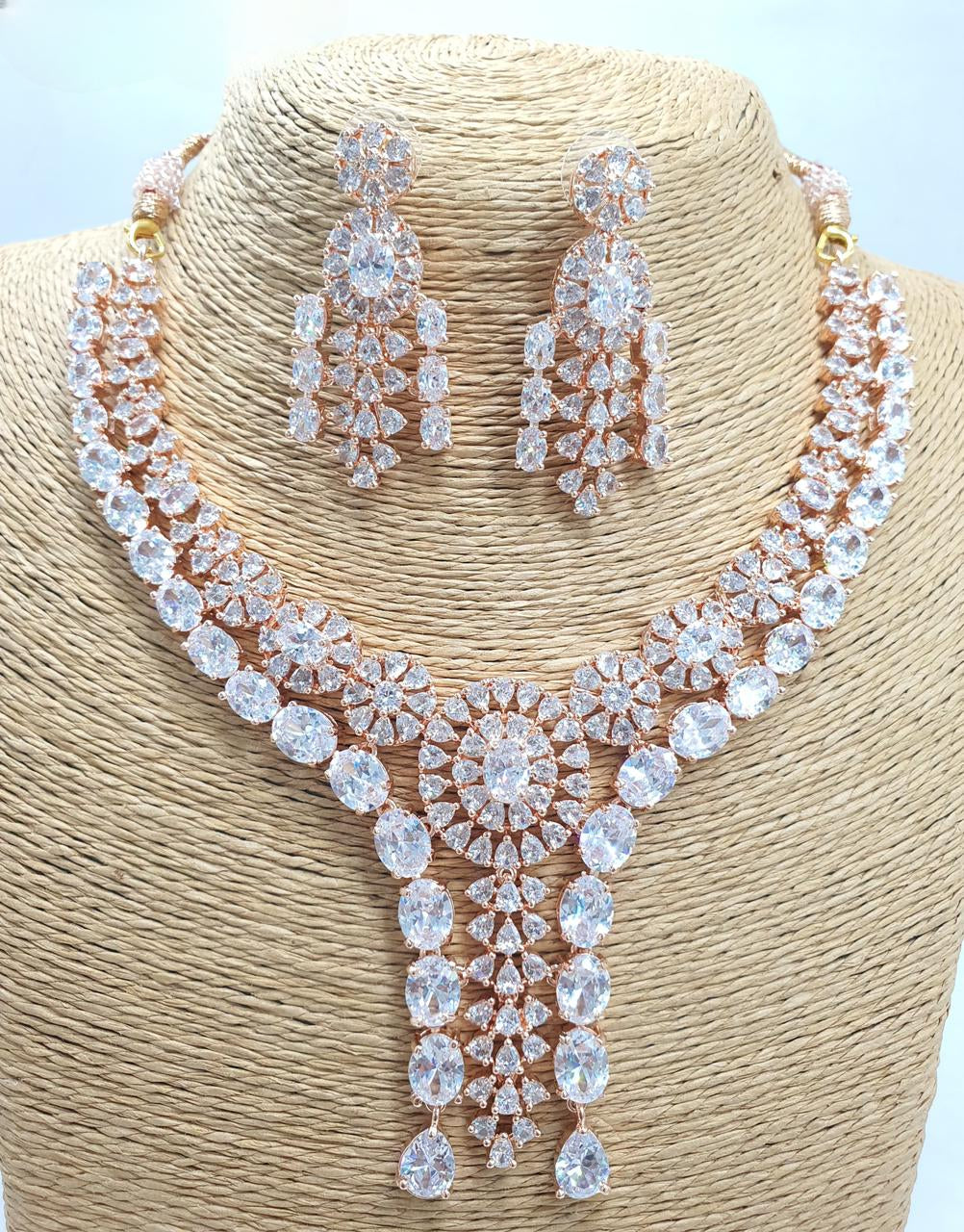Amazing Two Layered CZ Stone Necklace Set With Earrings