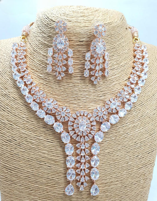 Amazing Two Layered CZ Stone Necklace Set With Earrings