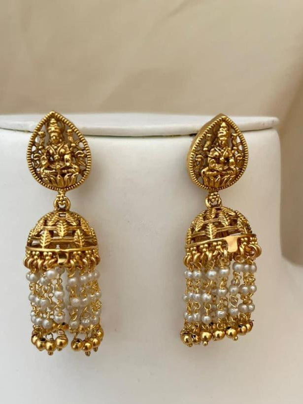 Antique Gold-Plated Lakshmi Temple Jhumka Earrings With Pearl Drops