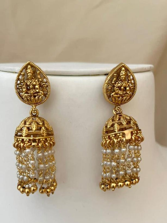 Antique Gold-Plated Lakshmi Temple Jhumka Earrings With Pearl Drops