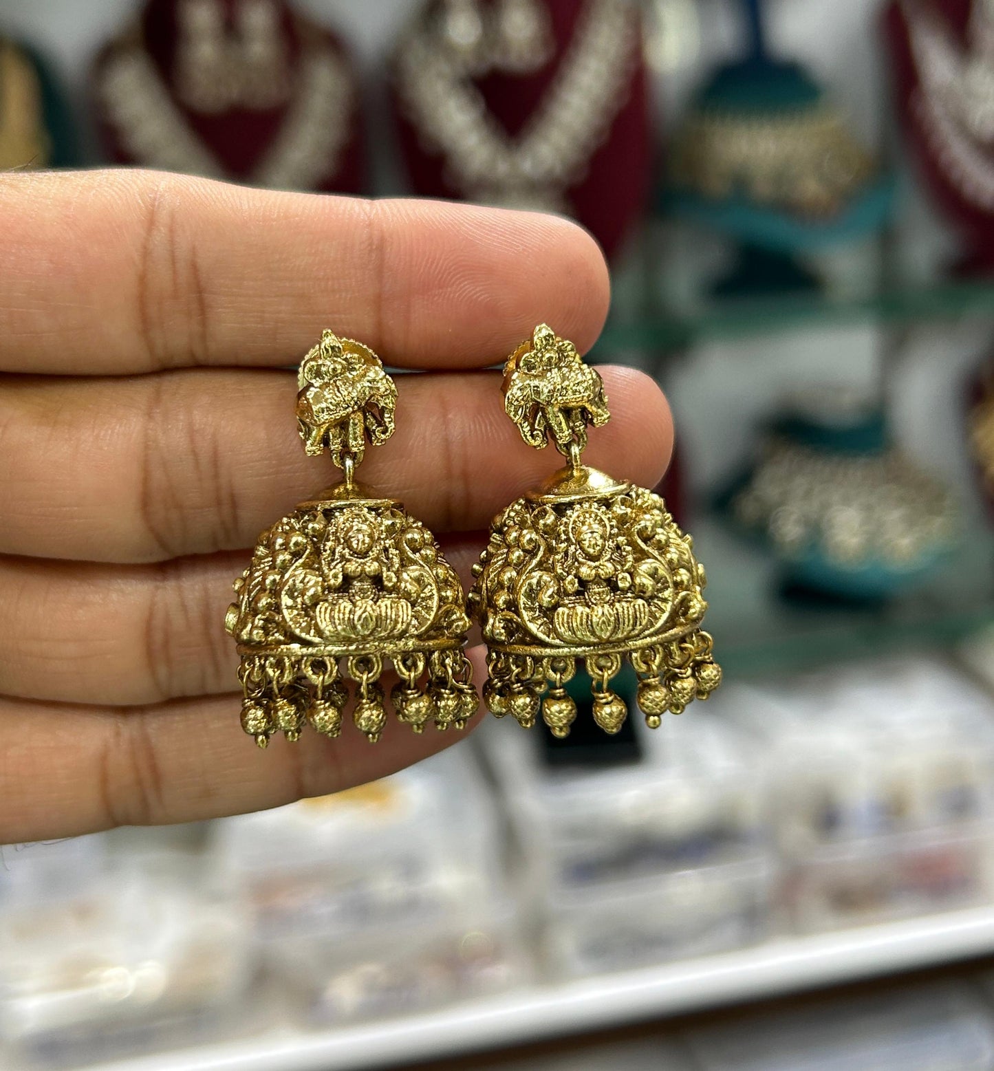 Antique Gold Finish Lakshmi Temple Jhumka Earrings With Drops - 1 Pair
