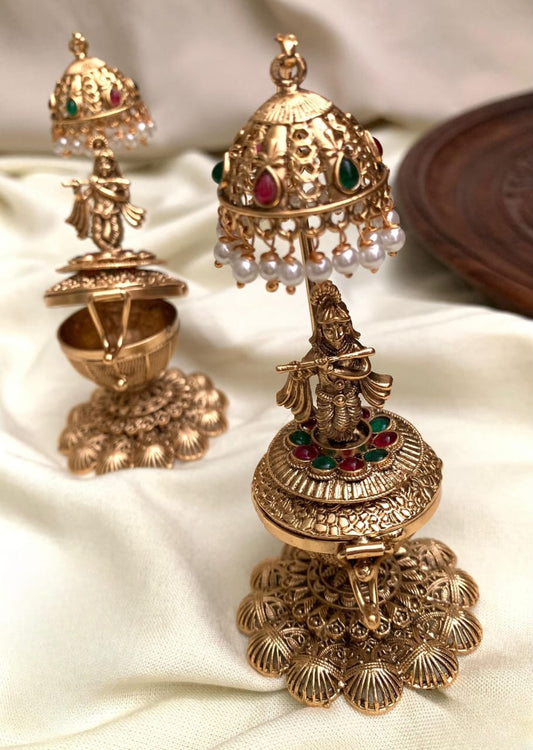 Antique Gold Krishna Kumkum Holder with Jhumka Umbrella Motif - Return Gifts - 1pc