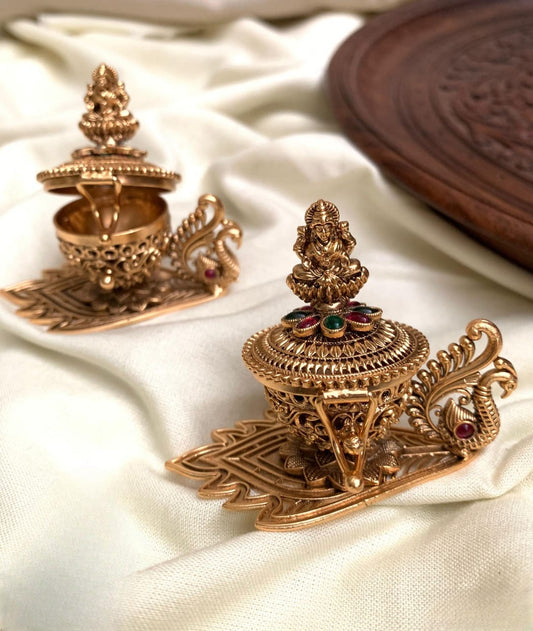 Antique Lakshmi Peacock Kumkum Box with Temple Design - Return Gifts -Red&Green-1pc