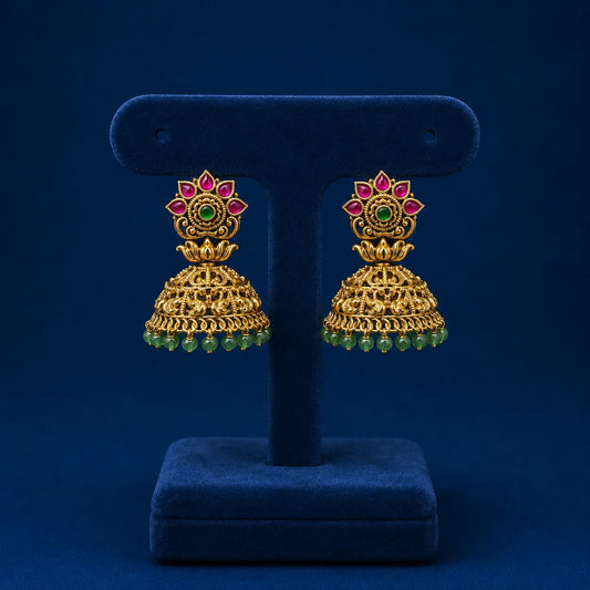 Antique Matte Premium Lotus Temple Jhumka Earrings With Green Beads