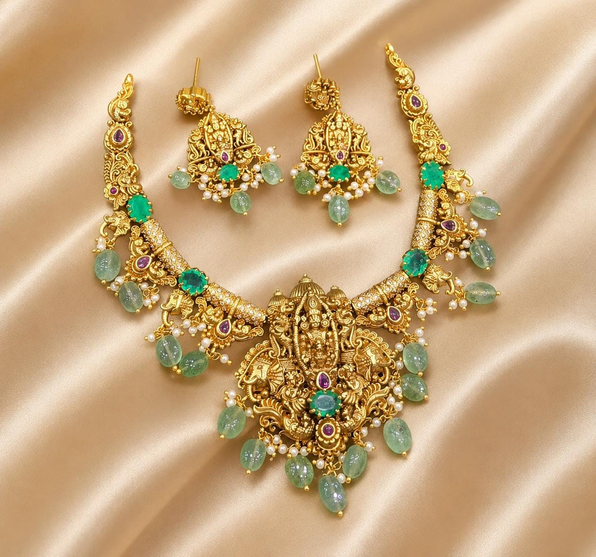 Antique Premium Finish Temple Jewelry  Necklace with Earrings - Mint