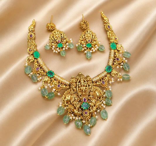 Antique Premium Finish Temple Jewelry  Necklace with Earrings - Mint