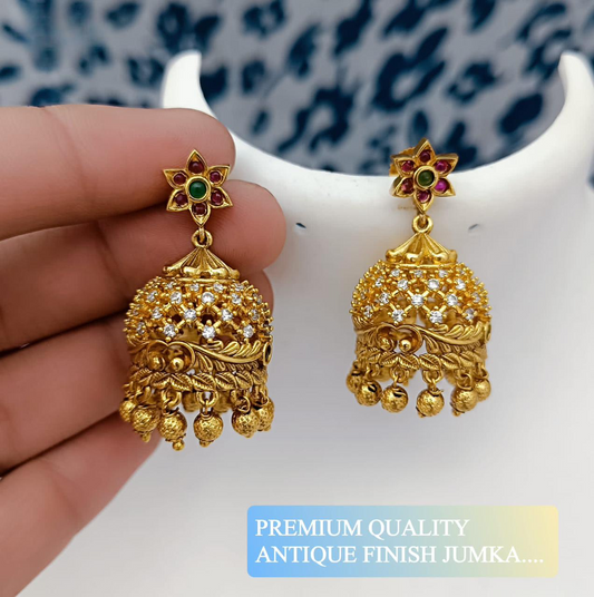 Premium Antique Finish Stone Jhumka Earrings